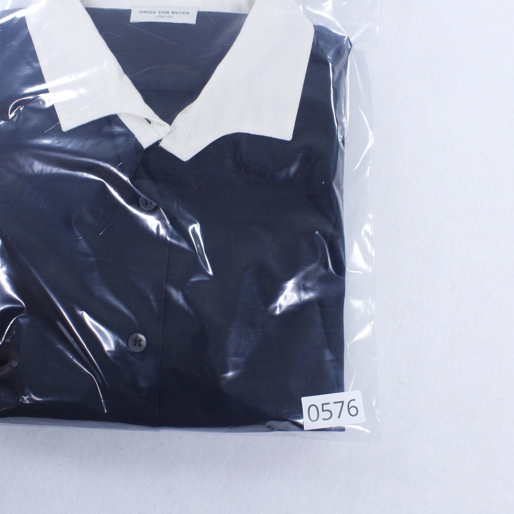 Dries Van Noten Black Cotton Button Down Long Sleeve Shirt White Collar Size 42